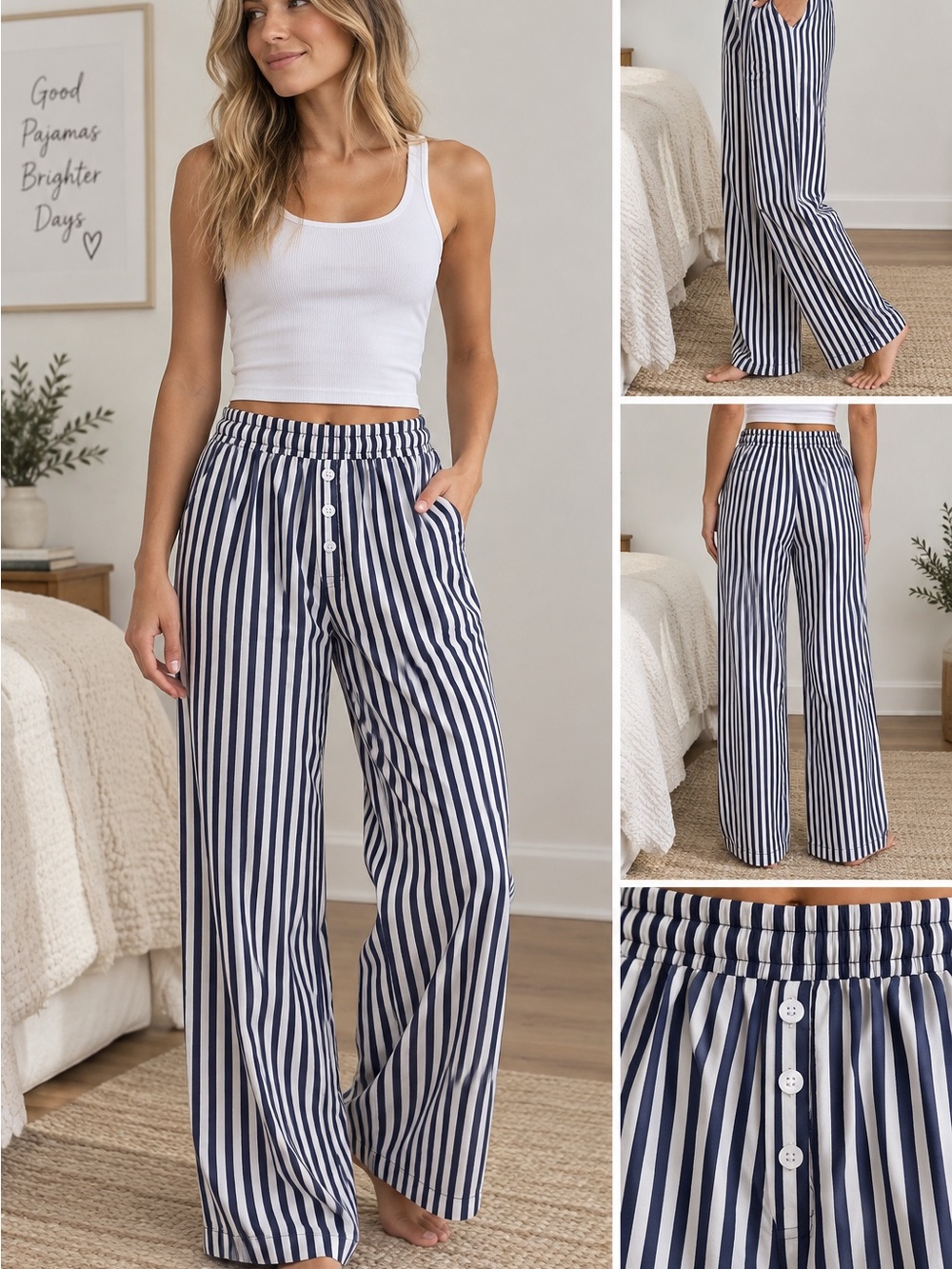 Better Together Dreamy Nights Navy Blue & White Striped Wide Leg Pajama Pants